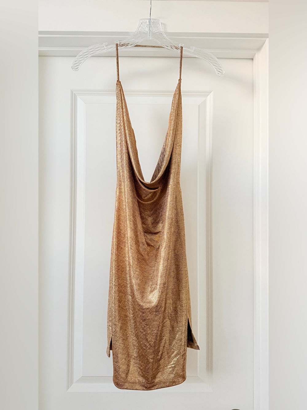 Metallic Gold Cowl Neck Slip Dress Night Out Mini Halter Neck Dress